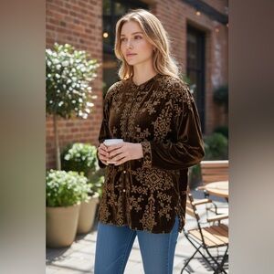 JOHNNY WAS *RARE* Showstopper! Chic Brown Velvet Embroidered Women's Top, Large